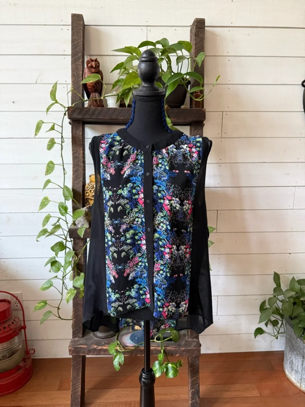 Nicole Miller: Long Black BoHo Flowy Floral Button Down Blouse